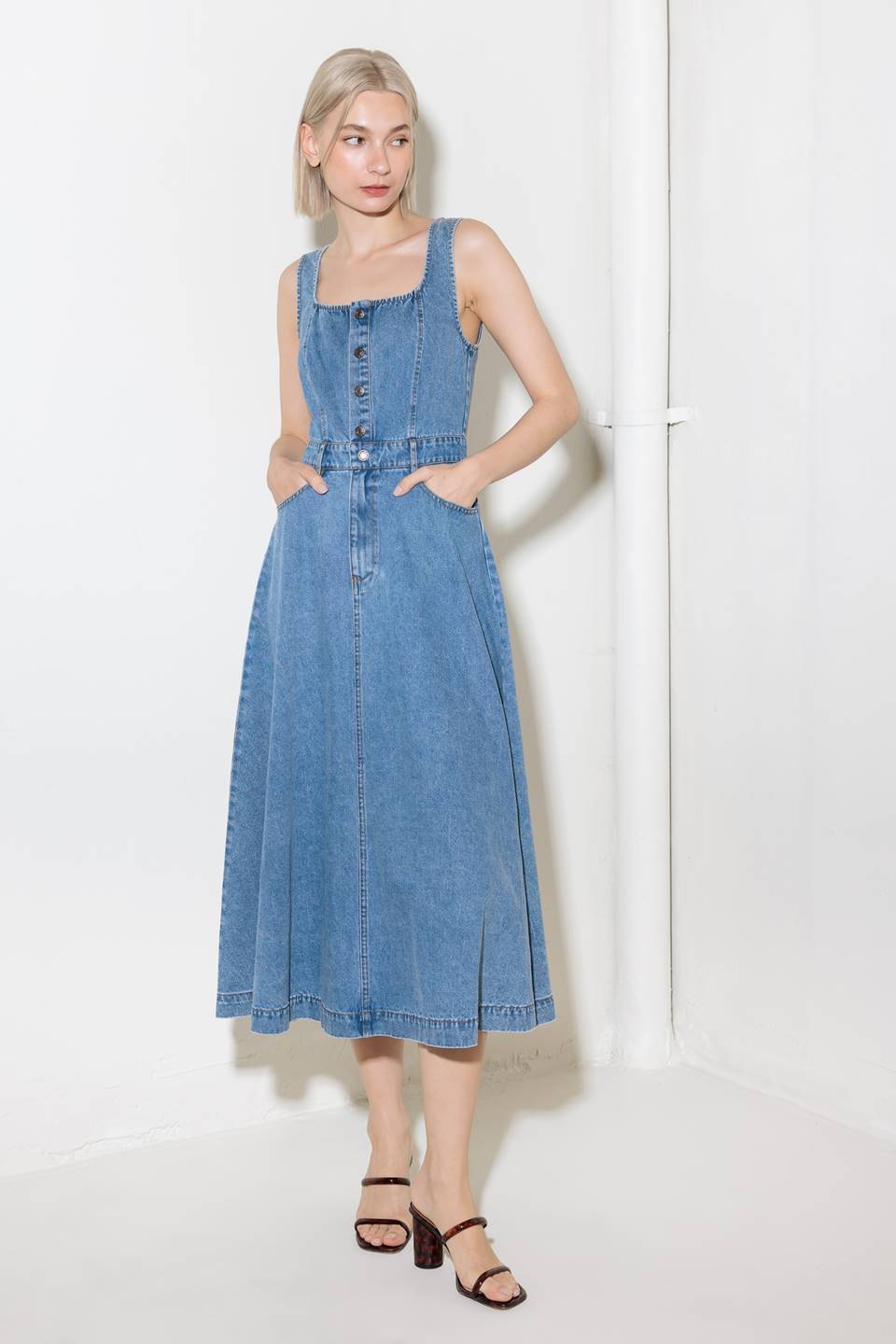 SOFTLY ROMANTIC DENIM MIDI DRESS - 90% Cotton