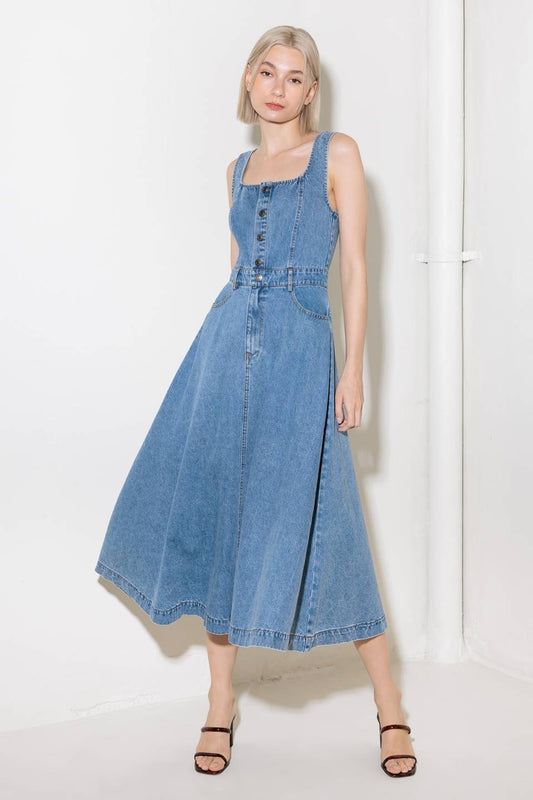 SOFTLY ROMANTIC DENIM MIDI DRESS - 90% Cotton