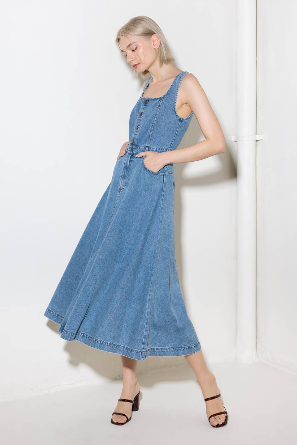 SOFTLY ROMANTIC DENIM MIDI DRESS - 90% Cotton