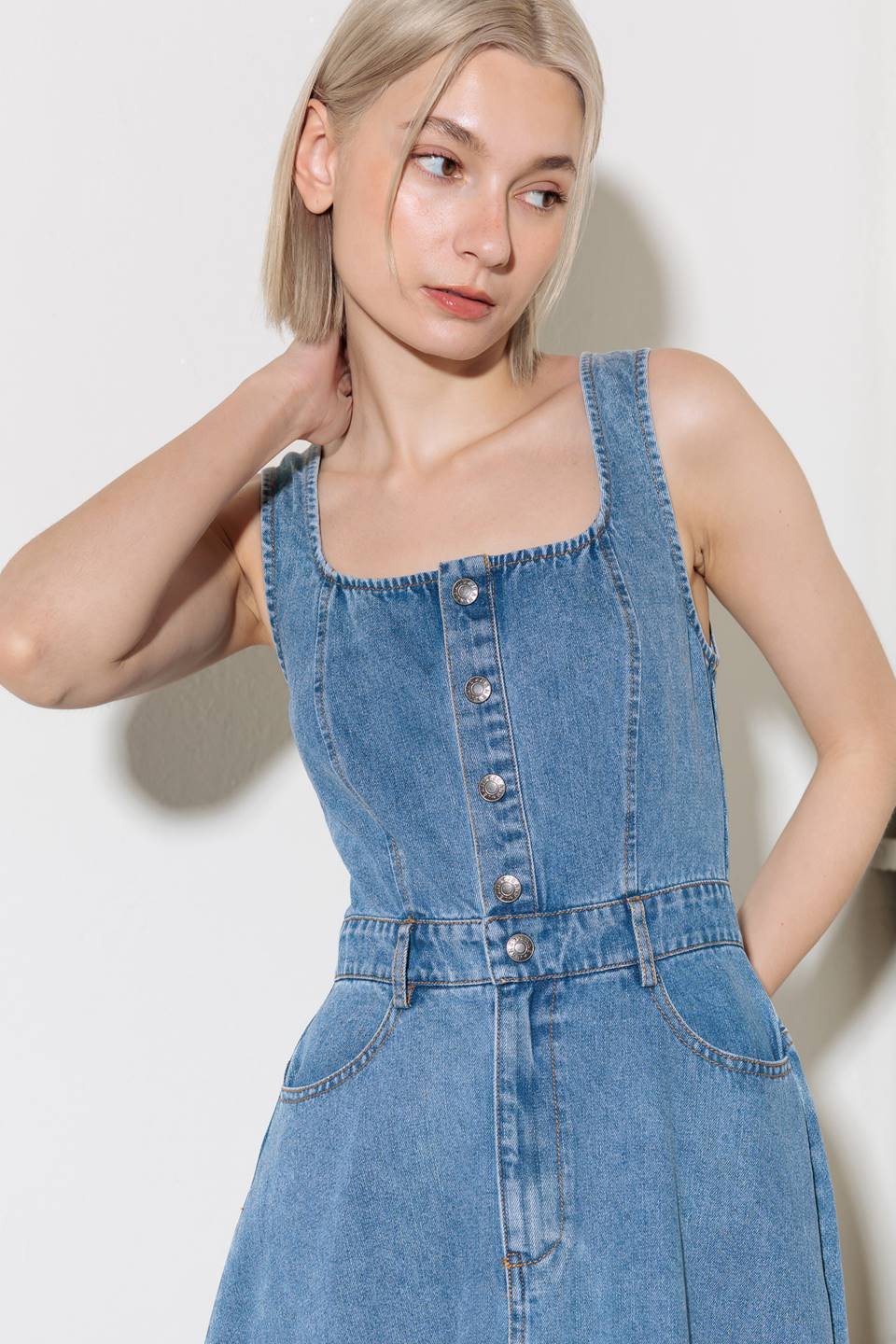 SOFTLY ROMANTIC DENIM MIDI DRESS - 90% Cotton