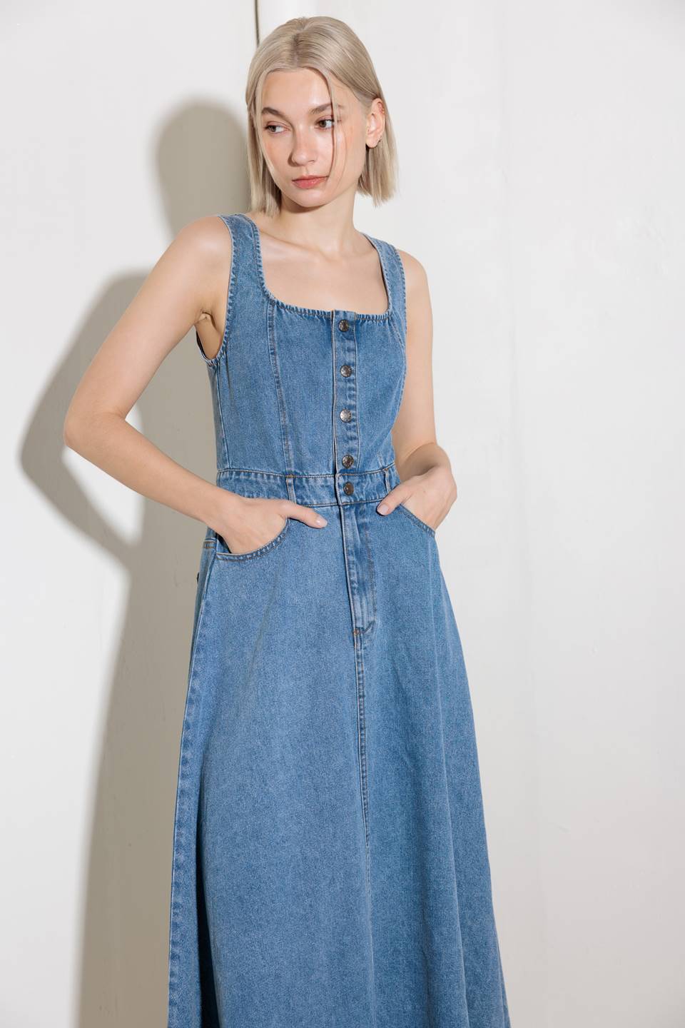 SOFTLY ROMANTIC DENIM MIDI DRESS - 90% Cotton