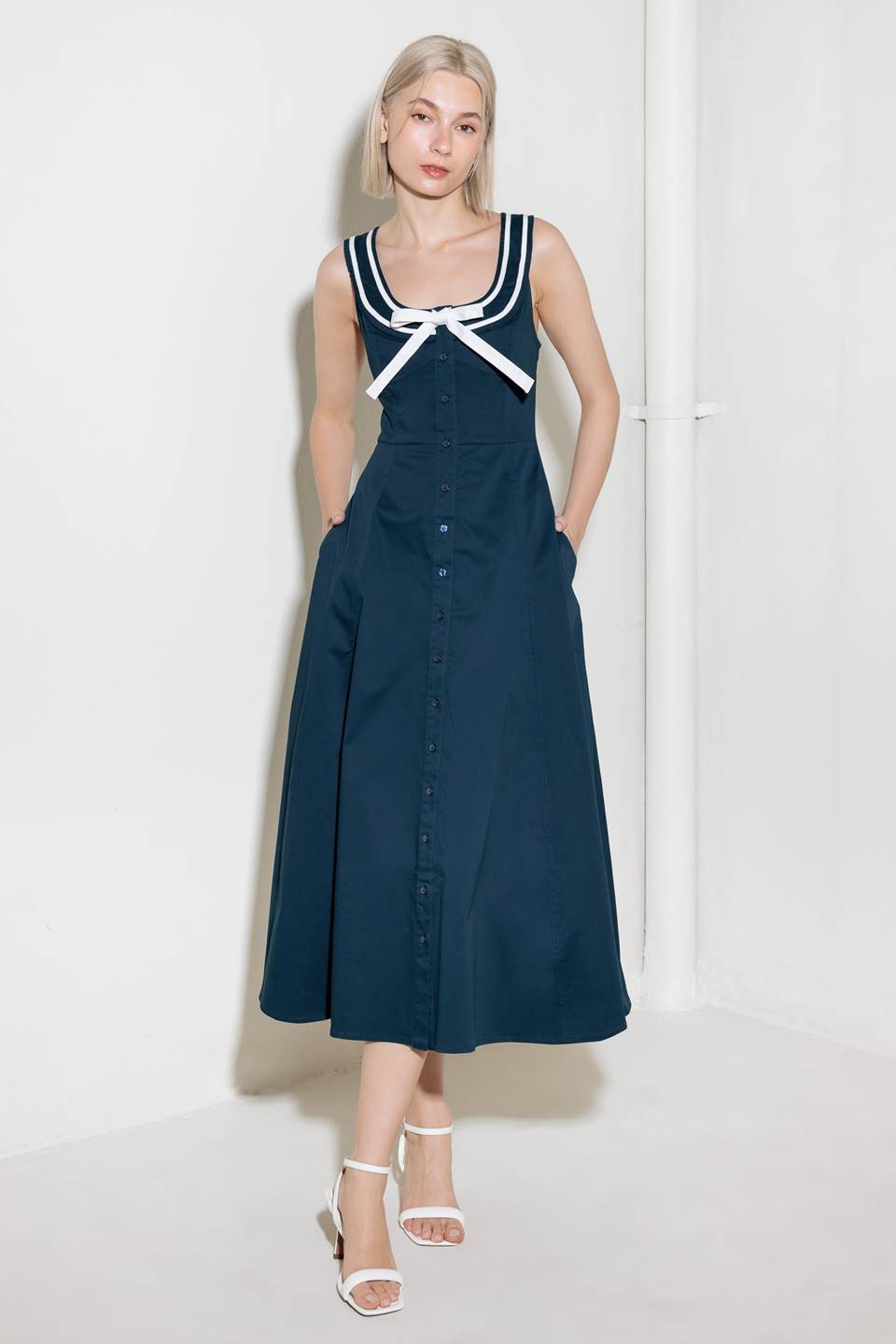 DIVINE OBSESSION NAVY WOVEN MIDI DRESS - 97% Cotton