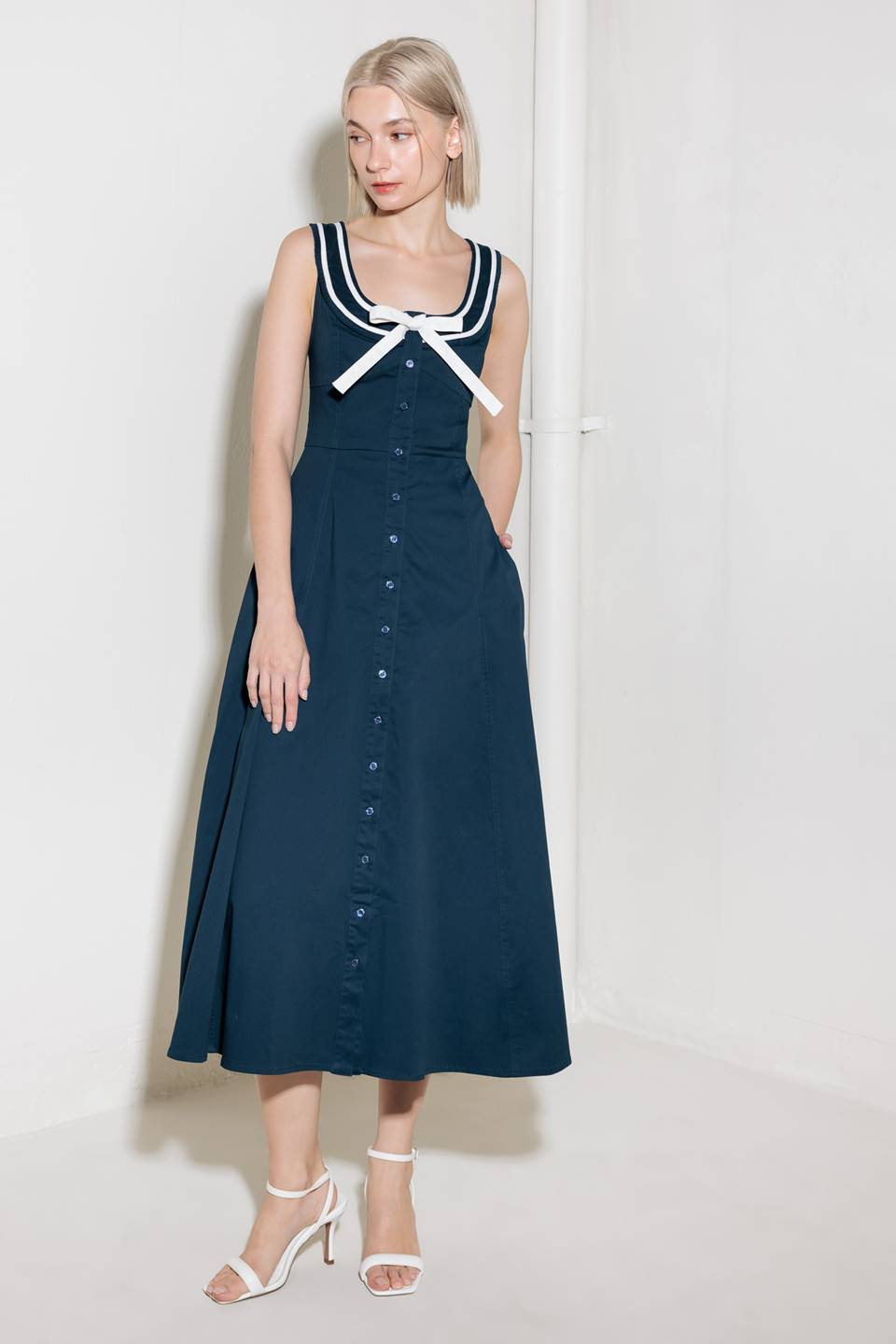 DIVINE OBSESSION NAVY WOVEN MIDI DRESS - 97% Cotton