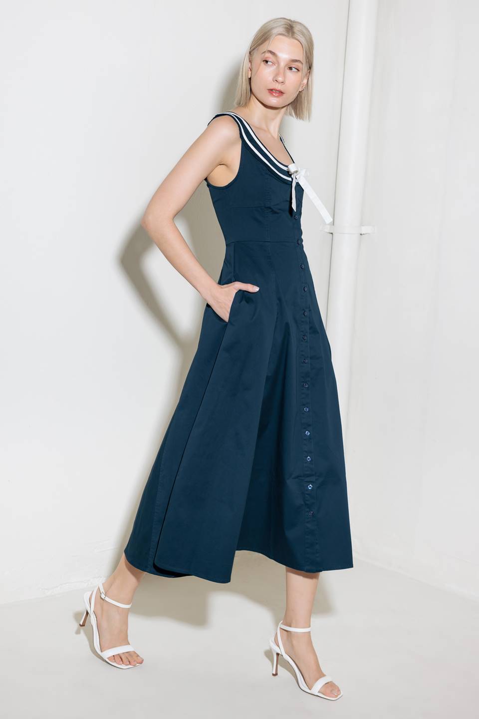 DIVINE OBSESSION NAVY WOVEN MIDI DRESS - 97% Cotton