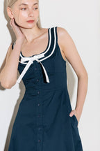 DIVINE OBSESSION NAVY WOVEN MIDI DRESS - 97% Cotton