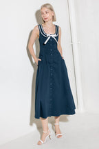 DIVINE OBSESSION NAVY WOVEN MIDI DRESS - 97% Cotton