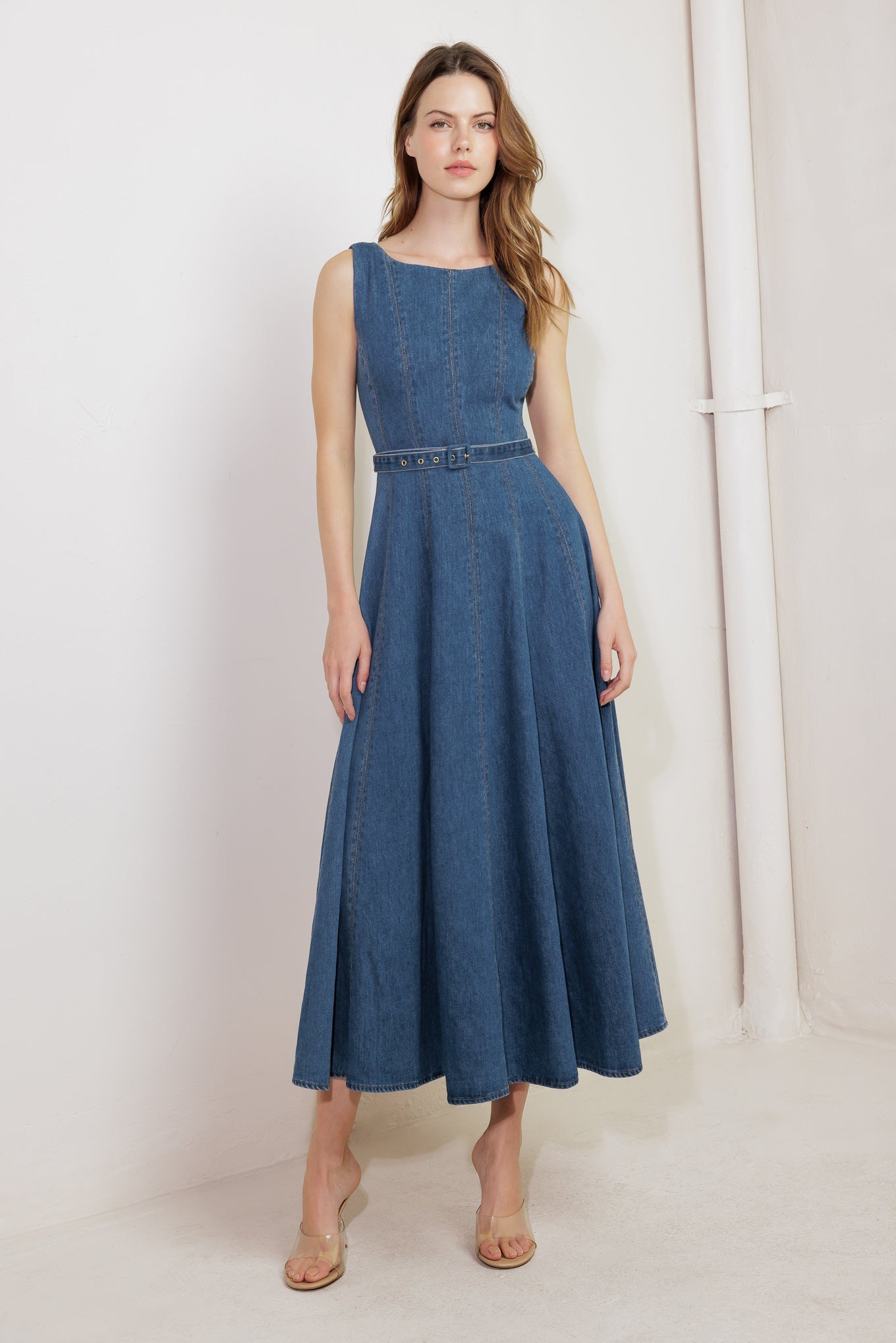 CREAM FIELD DENIM MIDI DRESS - 90% Cotton