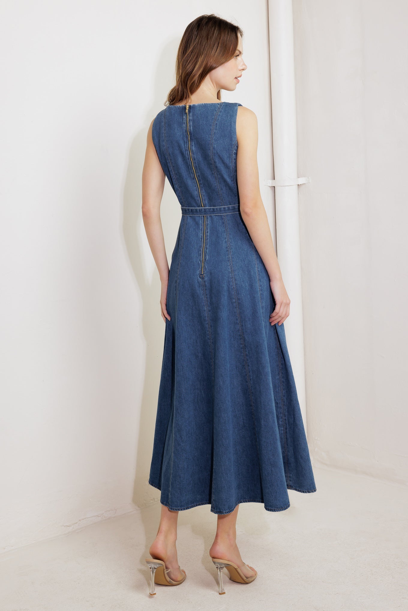 CREAM FIELD DENIM MIDI DRESS - 90% Cotton