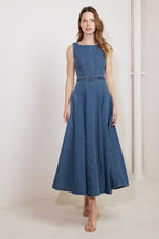 CREAM FIELD DENIM MIDI DRESS - 90% Cotton