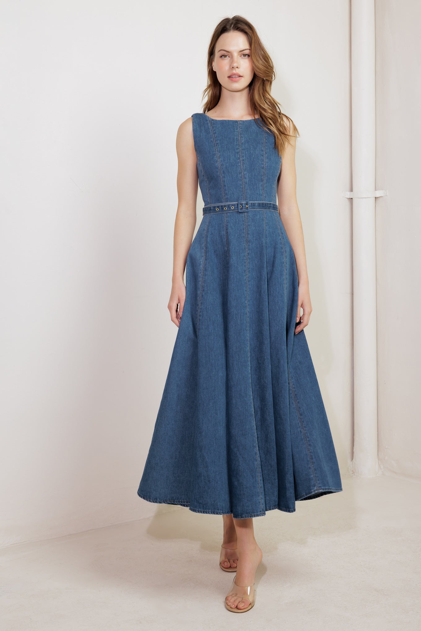 CREAM FIELD DENIM MIDI DRESS - 90% Cotton