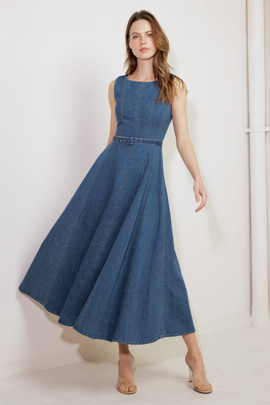 CREAM FIELD DENIM MIDI DRESS - 90% Cotton
