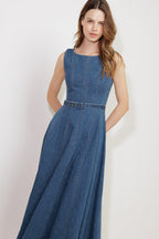 CREAM FIELD DENIM MIDI DRESS - 90% Cotton