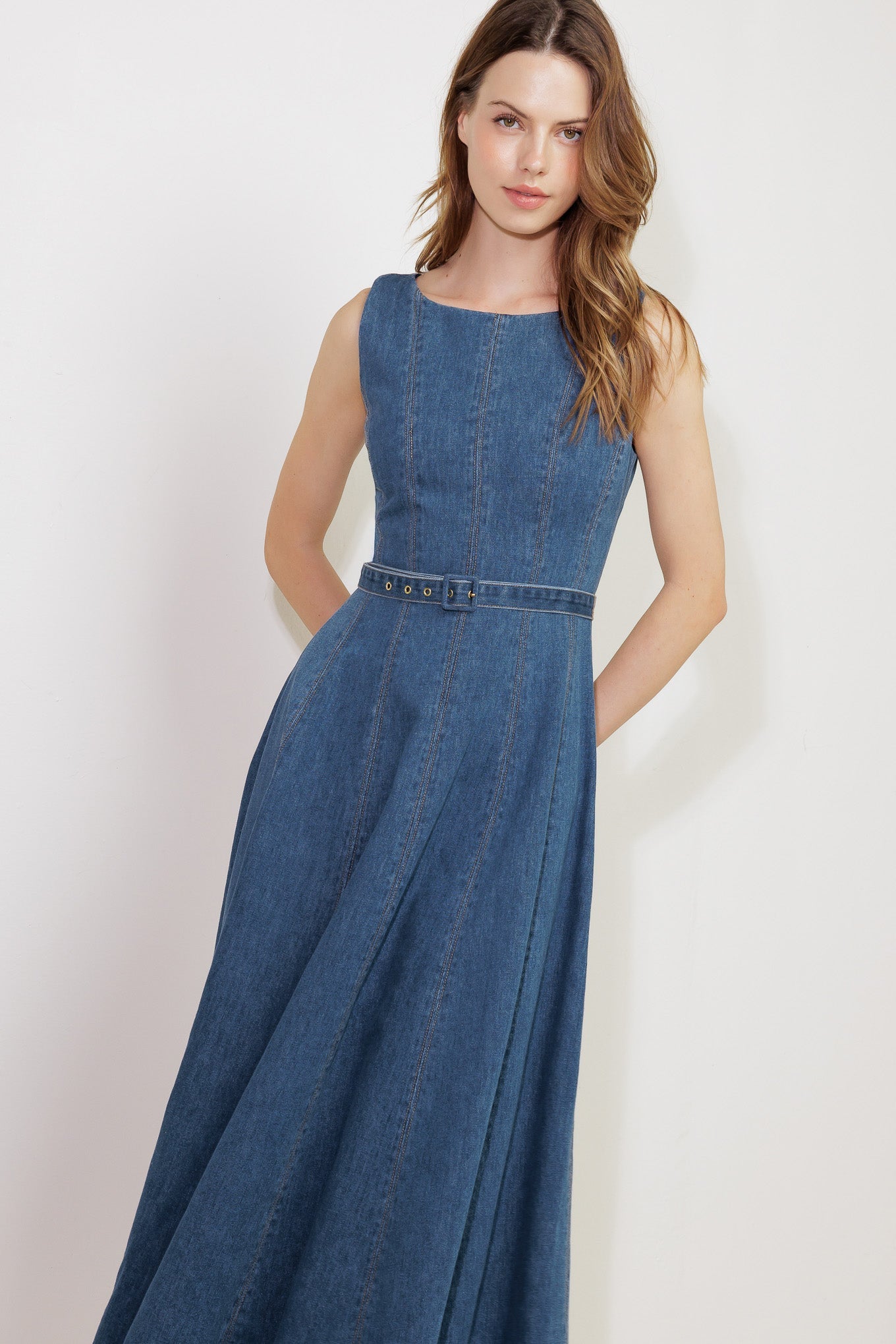 CREAM FIELD DENIM MIDI DRESS - 90% Cotton