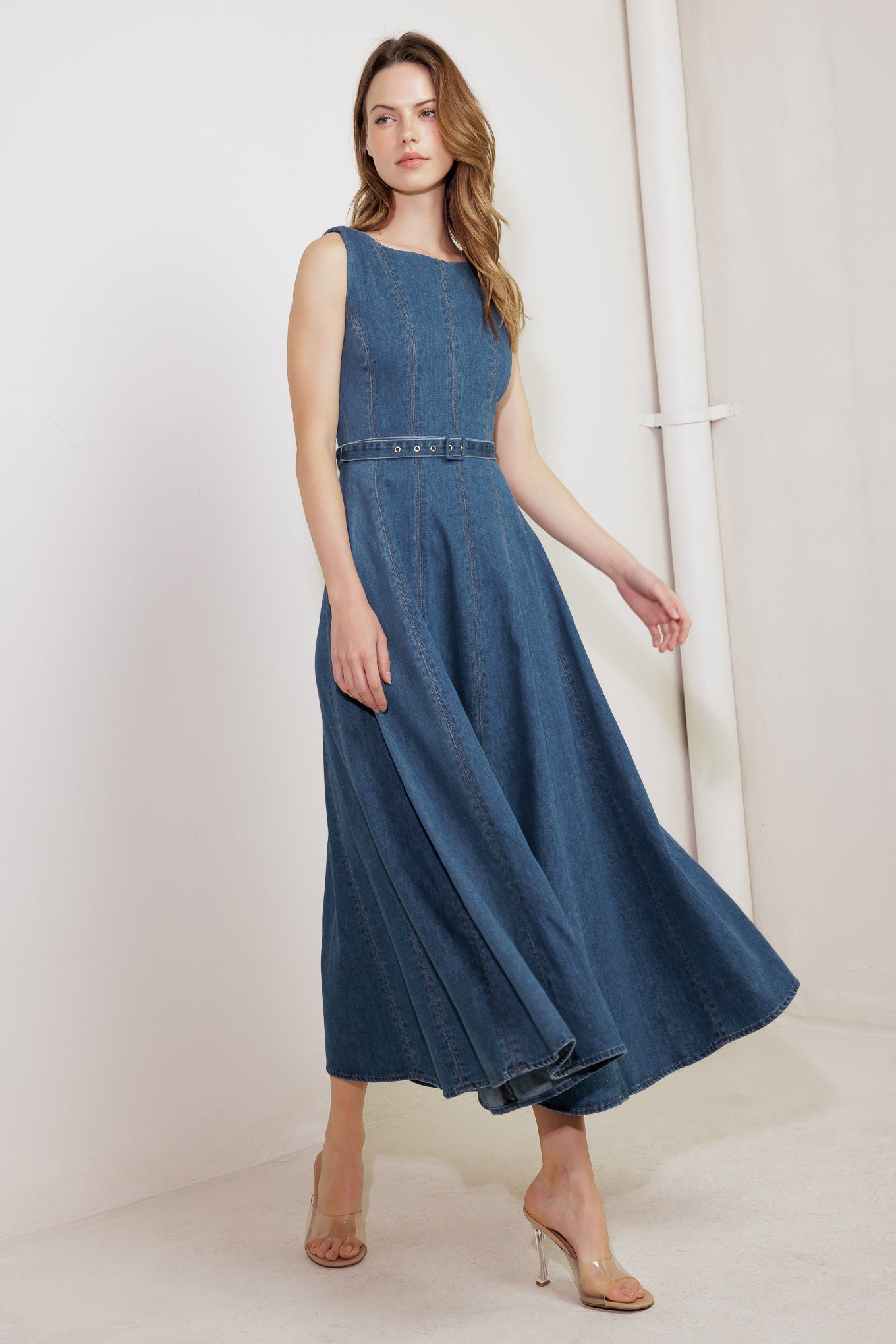 CREAM FIELD DENIM MIDI DRESS - 90% Cotton