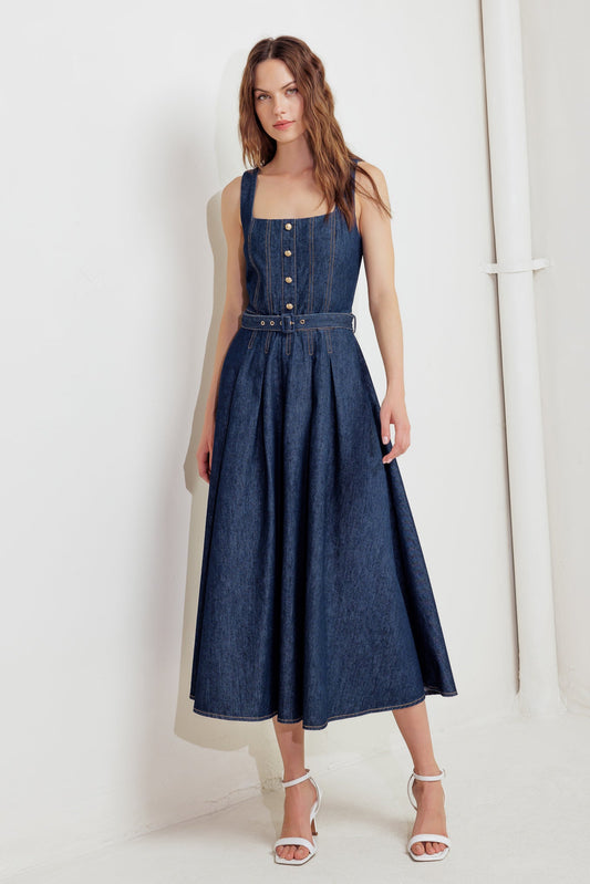 MOONLIGHT SERENADE DENIM MIDI DRESS - 92% Cotton