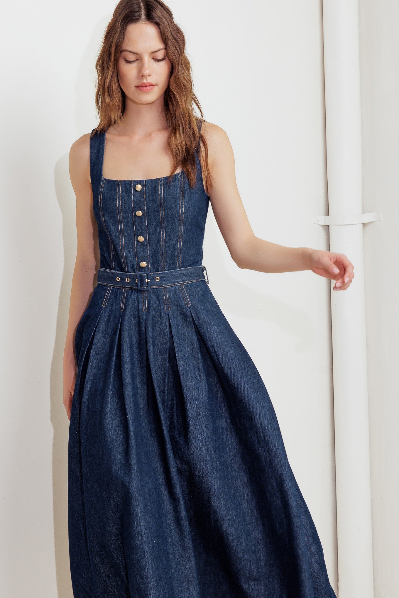 MOONLIGHT SERENADE DENIM MIDI DRESS - 92% Cotton