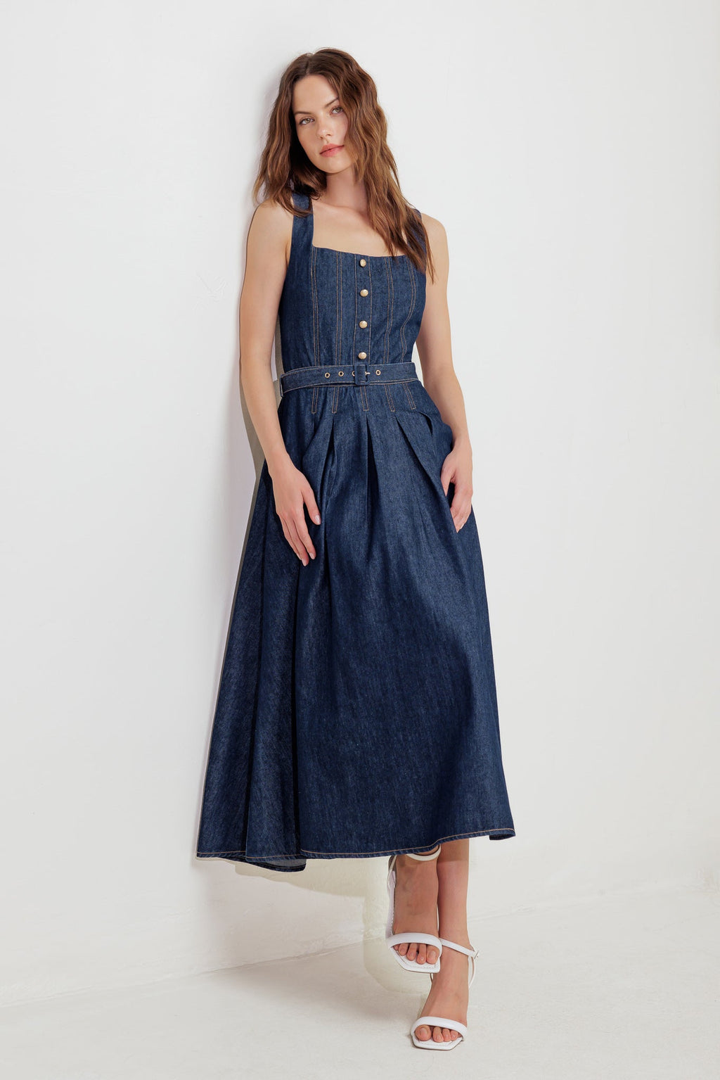 MOONLIGHT SERENADE DENIM MIDI DRESS - 92% Cotton