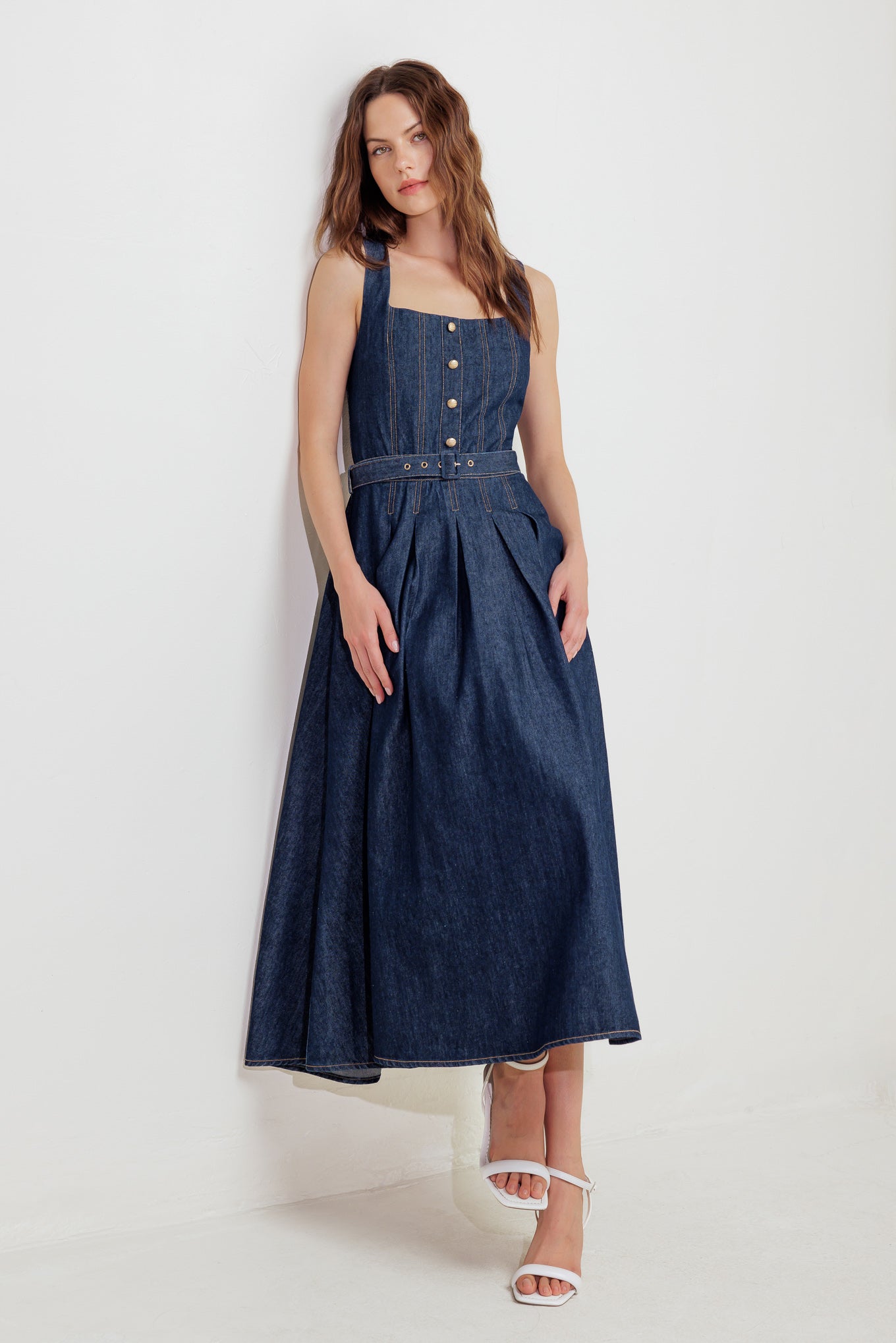 MOONLIGHT SERENADE DENIM MIDI DRESS - 92% Cotton