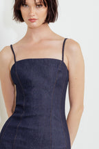 QUIET CURVE DARK DENIM MIDI DRESS - 90% Cotton