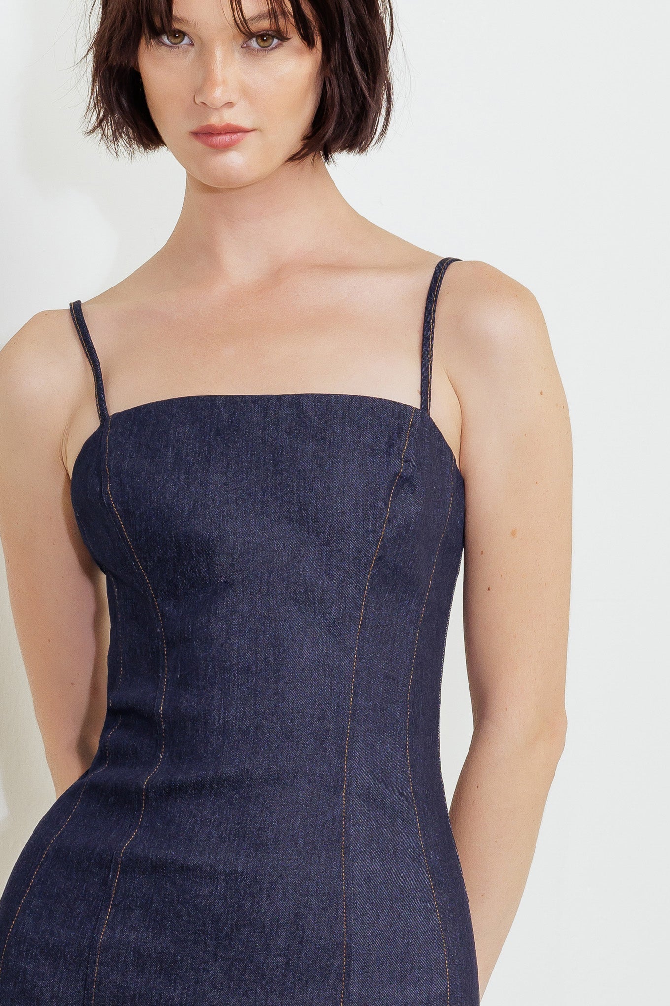 QUIET CURVE DARK DENIM MIDI DRESS - 90% Cotton