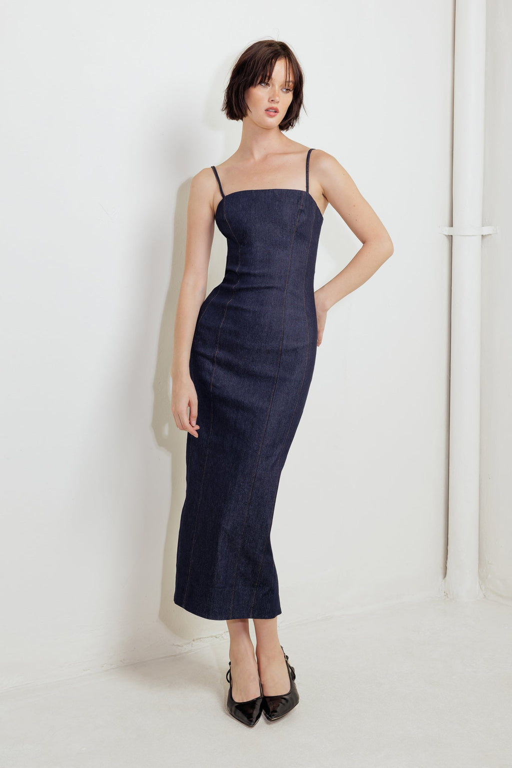 QUIET CURVE DARK DENIM MIDI DRESS - 90% Cotton