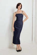 QUIET CURVE DARK DENIM MIDI DRESS - 90% Cotton