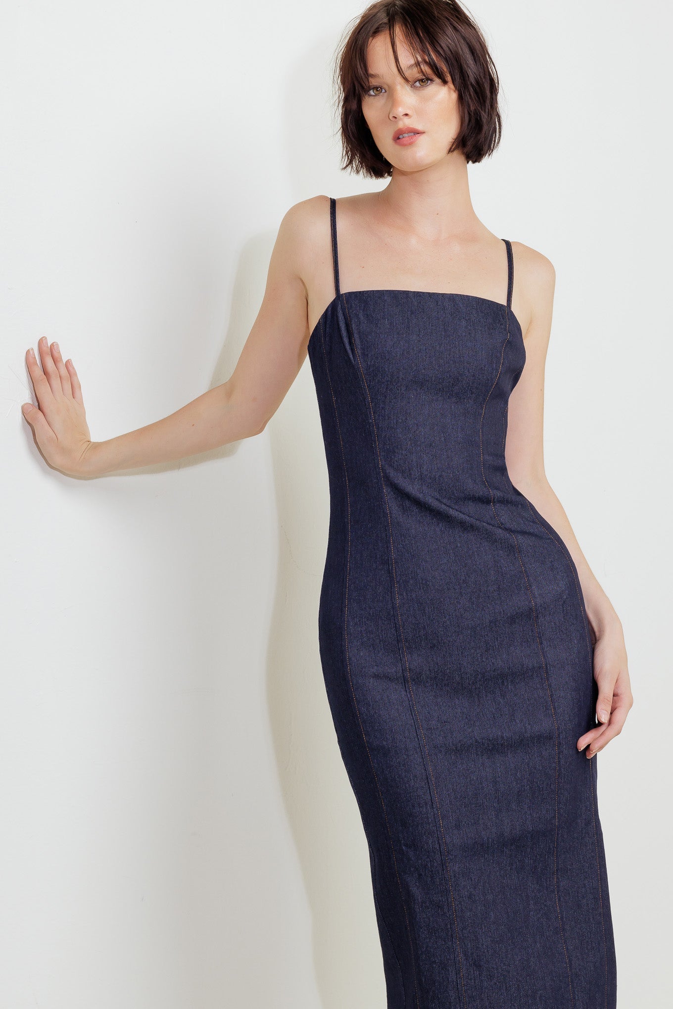 QUIET CURVE DARK DENIM MIDI DRESS - 90% Cotton