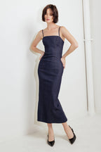 QUIET CURVE DARK DENIM MIDI DRESS - 90% Cotton