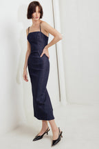 QUIET CURVE DARK DENIM MIDI DRESS - 90% Cotton