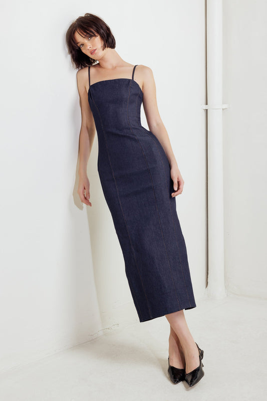 QUIET CURVE DARK DENIM MIDI DRESS - 90% Cotton