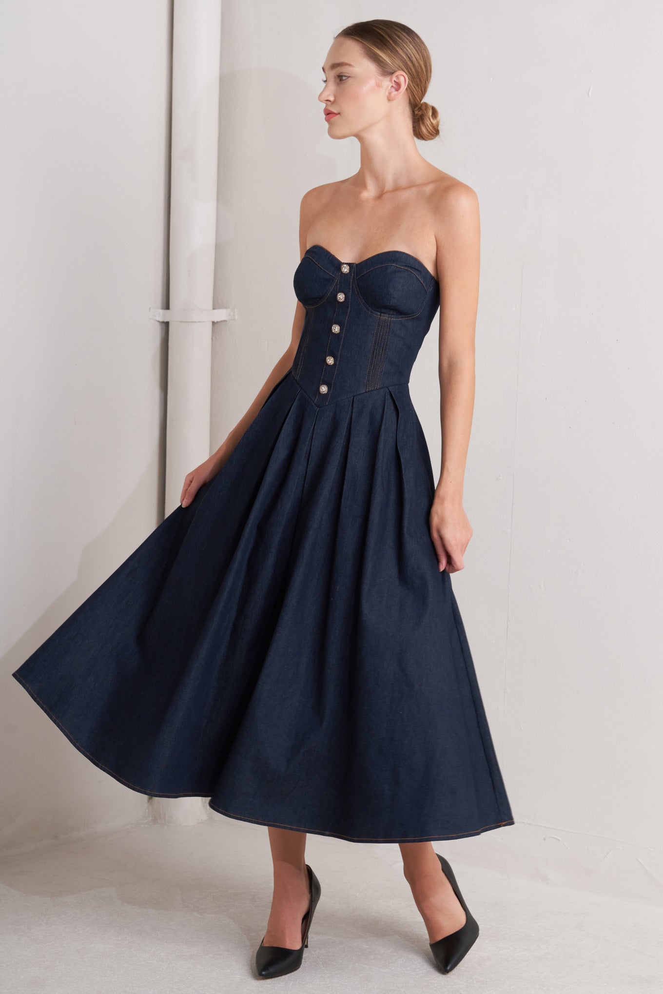 URBAN CORSET DENIM MIDI DRESS - 90% Cotton