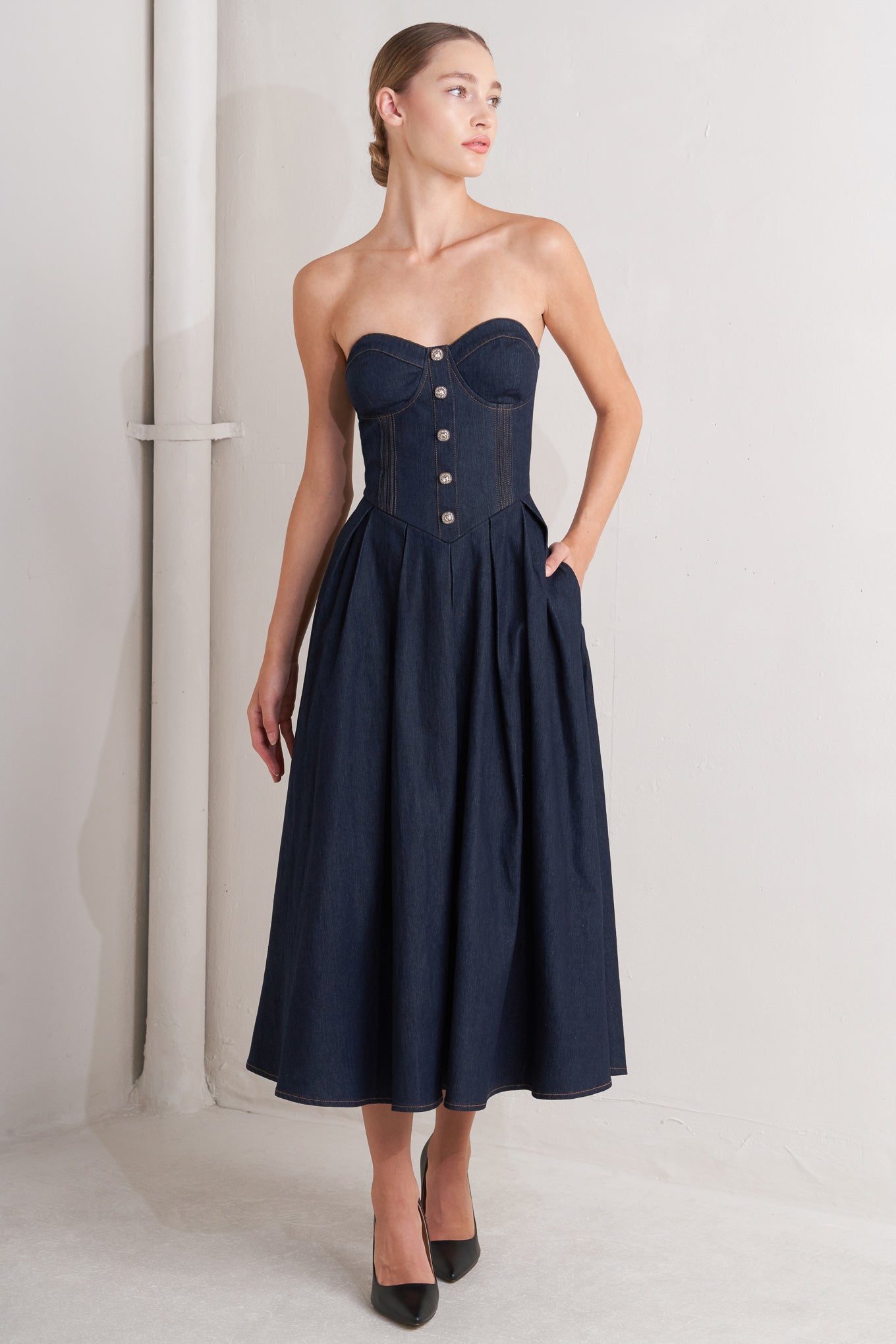 URBAN CORSET DENIM MIDI DRESS - 90% Cotton