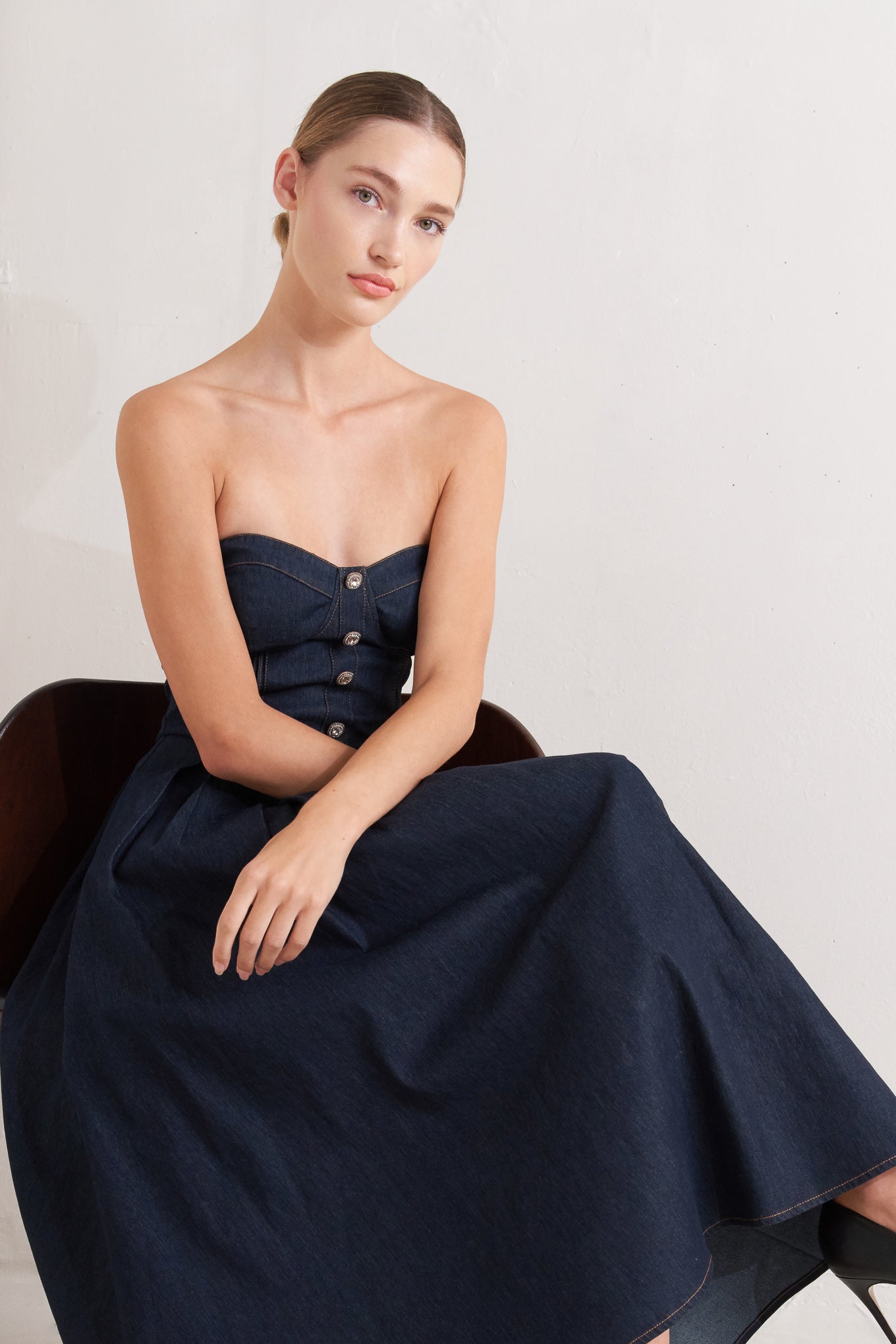 URBAN CORSET DENIM MIDI DRESS - 90% Cotton