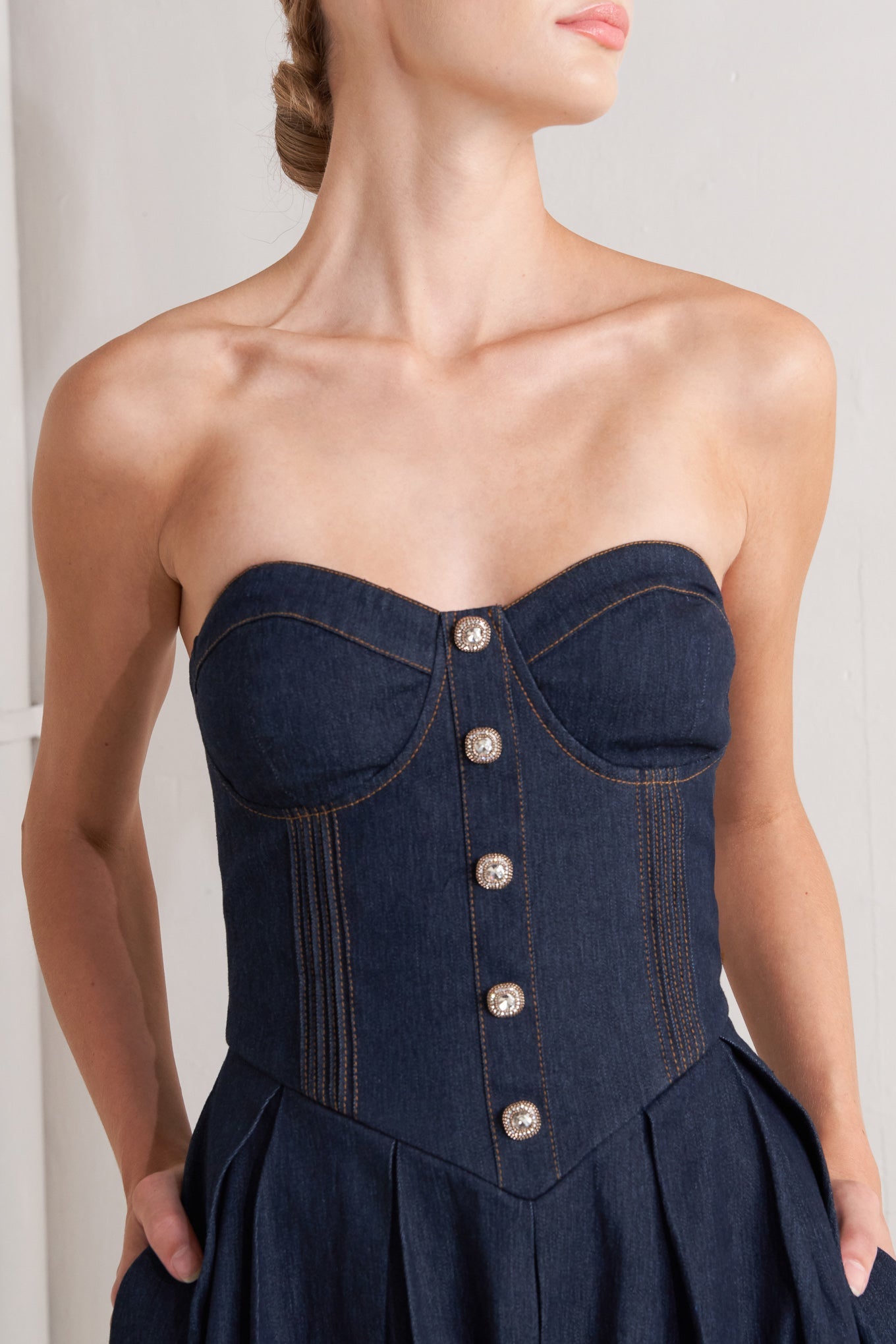 URBAN CORSET DENIM MIDI DRESS - 90% Cotton