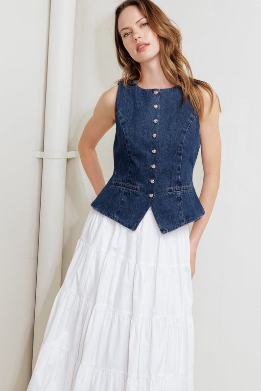 COFFEE PETAL DENIM VEST - 97% Cotton