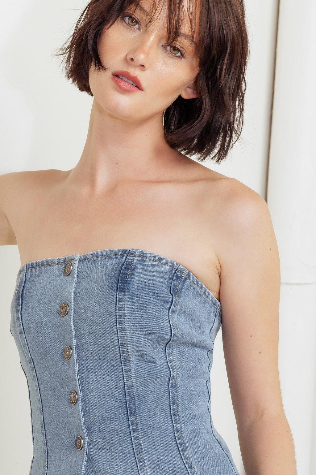 STITCHED SILHOUETTE DENIM TOP - 99% Cotton