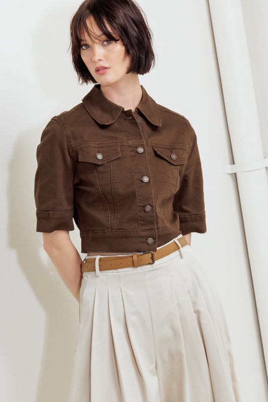 EFFORTLESS EDGE BROWN TWILL JACKET - 97% Cotton