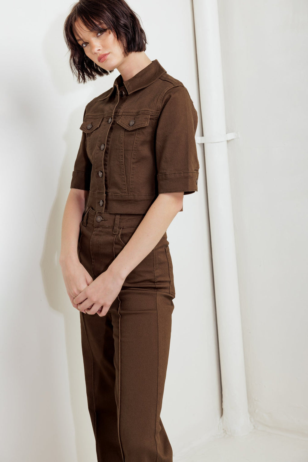 EFFORTLESS EDGE BROWN TWILL JACKET - 97% Cotton