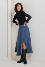 COWBOY CURVE DENIM MIDI SKIRT - 99% Cotton 1% Spandex