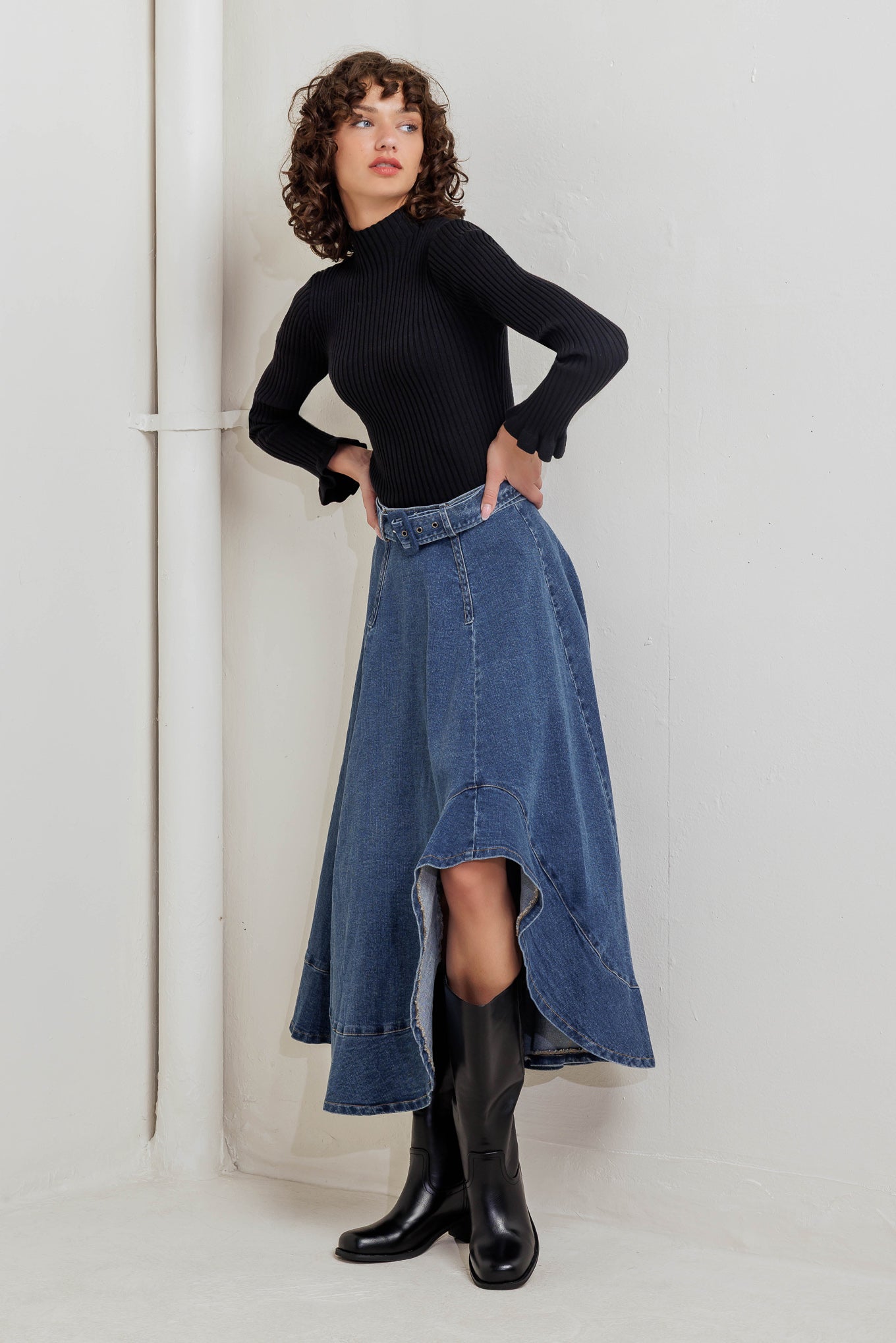 COWBOY CURVE DENIM MIDI SKIRT - 99% Cotton 1% Spandex