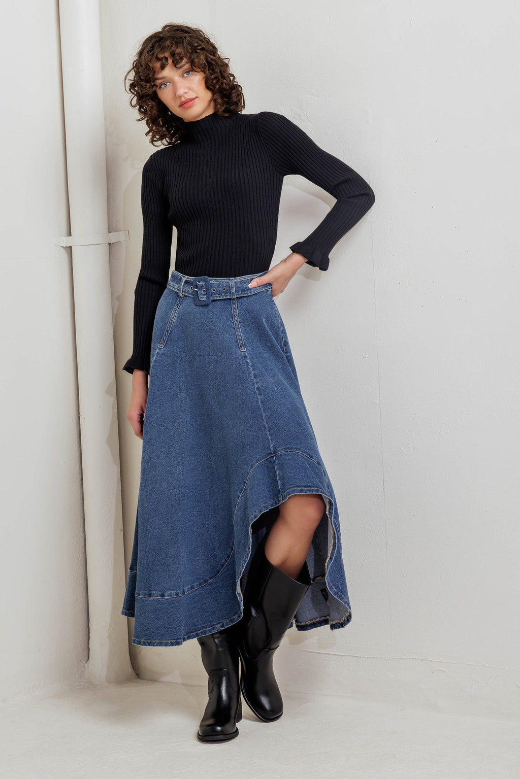 COWBOY CURVE DENIM MIDI SKIRT - 99% Cotton 1% Spandex