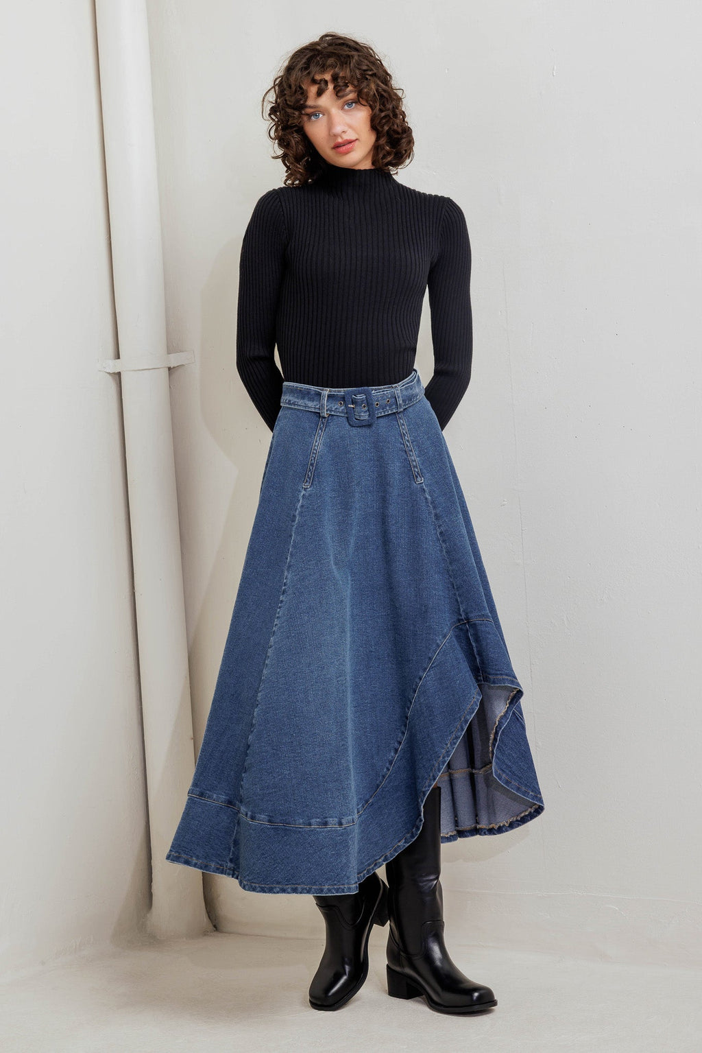 COWBOY CURVE DENIM MIDI SKIRT - 99% Cotton 1% Spandex