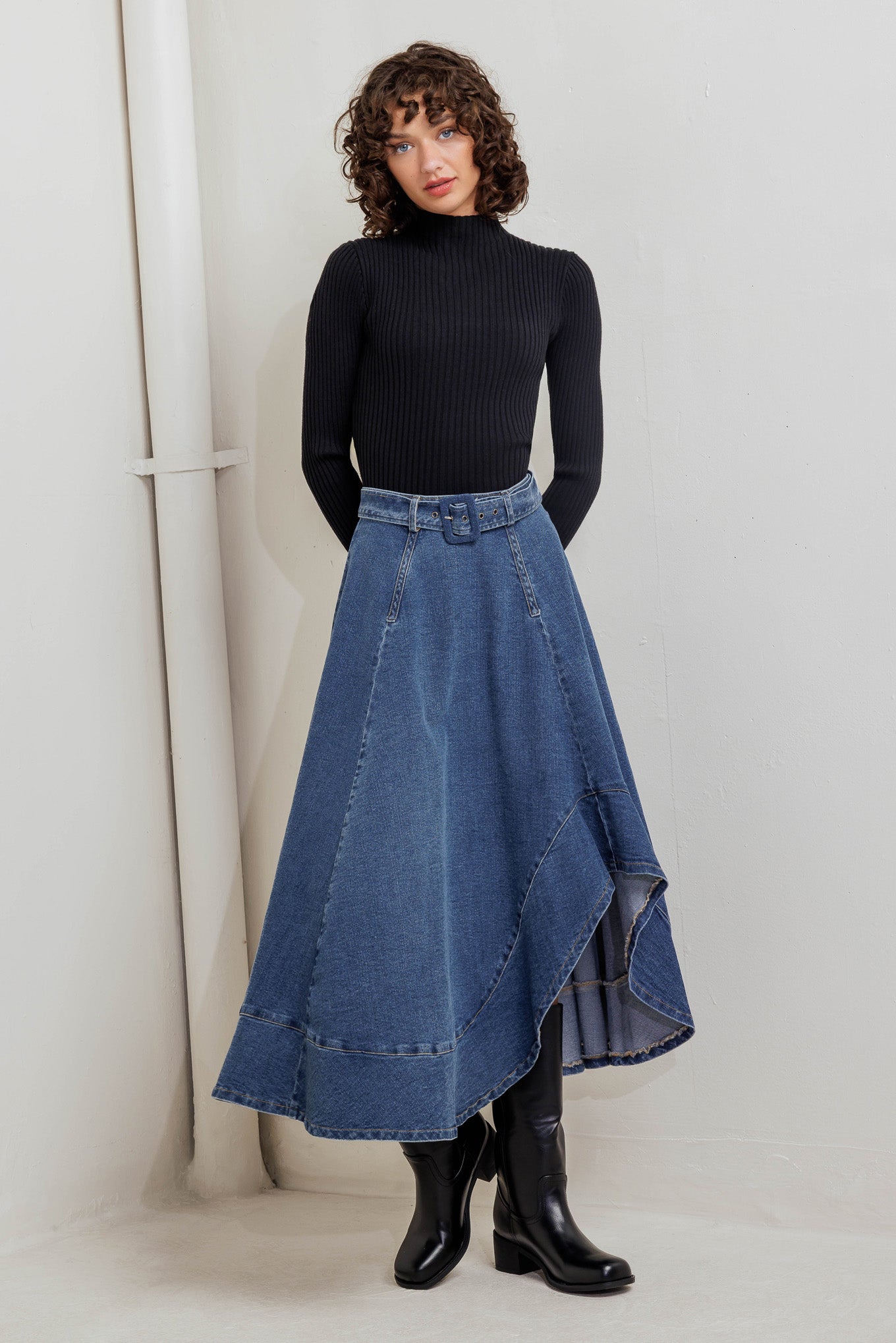 COWBOY CURVE DENIM MIDI SKIRT - 99% Cotton 1% Spandex