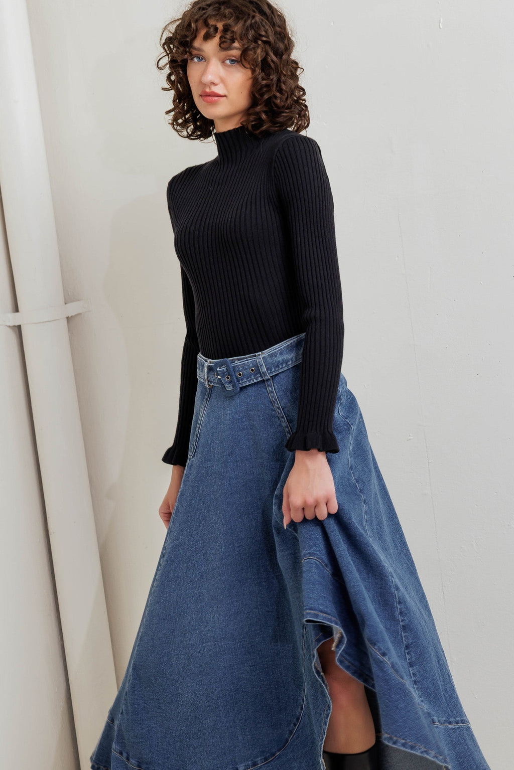 COWBOY CURVE DENIM MIDI SKIRT - 99% Cotton 1% Spandex