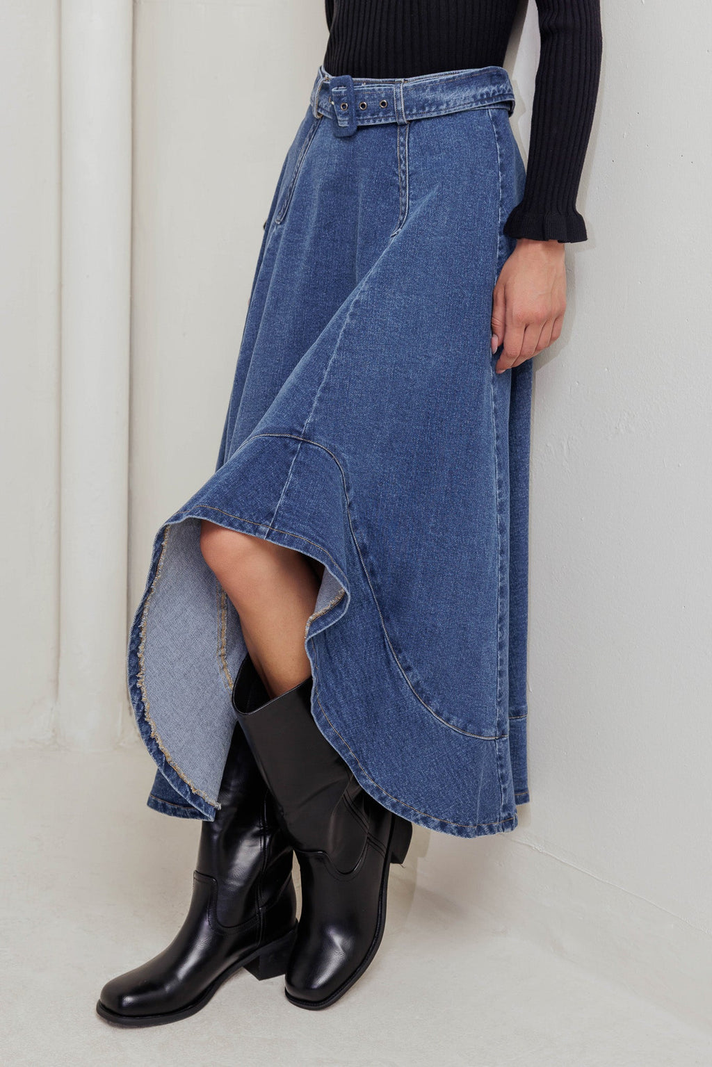 COWBOY CURVE DENIM MIDI SKIRT - 99% Cotton 1% Spandex
