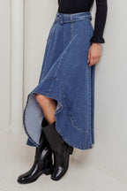 COWBOY CURVE DENIM MIDI SKIRT - 99% Cotton 1% Spandex