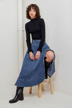 COWBOY CURVE DENIM MIDI SKIRT - 99% Cotton 1% Spandex