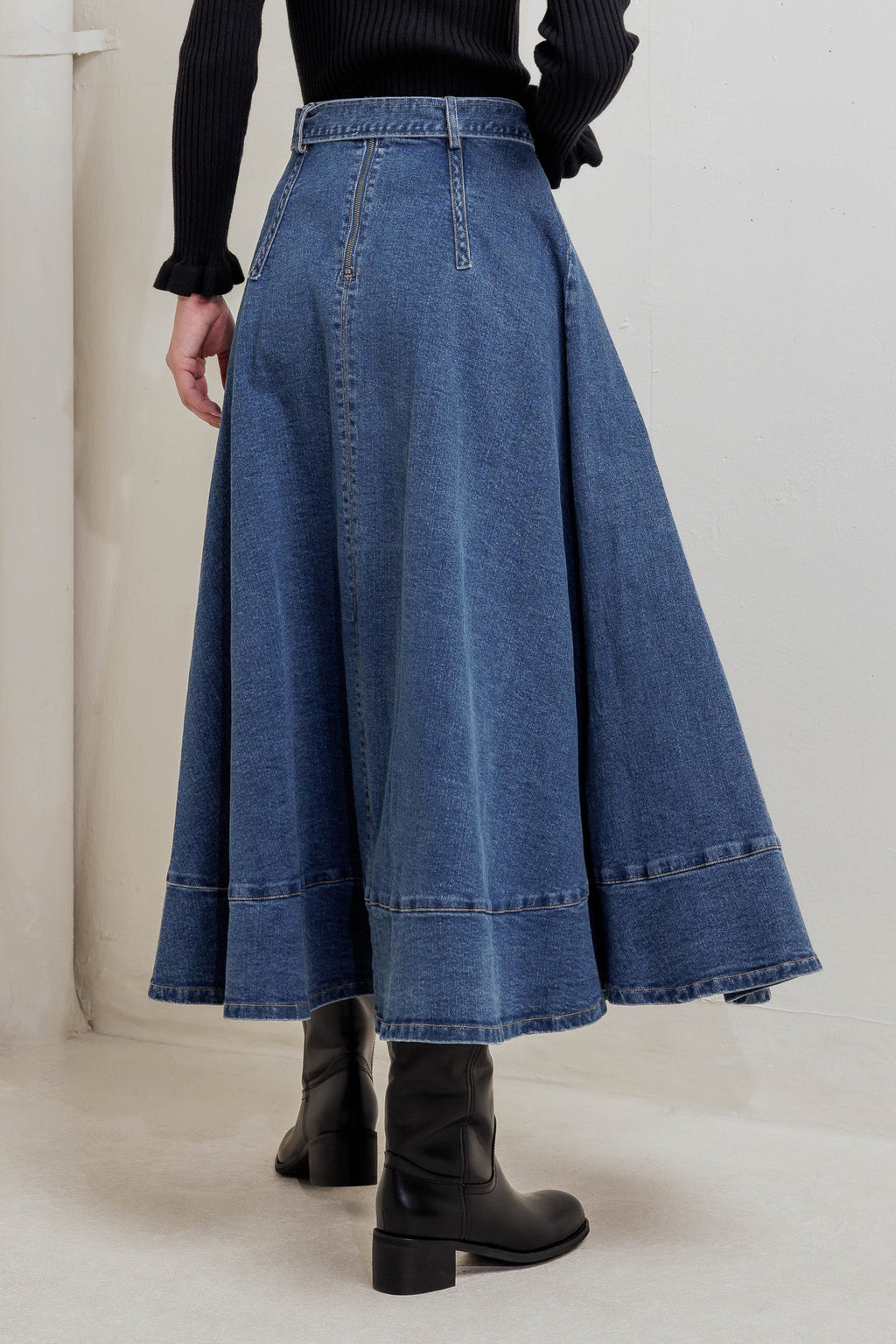 COWBOY CURVE DENIM MIDI SKIRT - 99% Cotton 1% Spandex