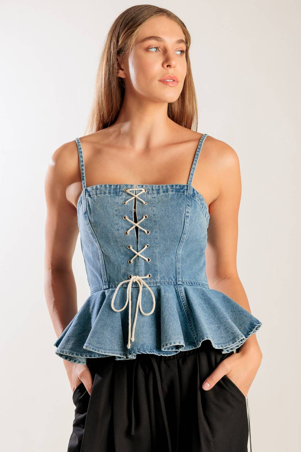 GRAND ENTRANCE INDIGO DENIM TOP - 90% Cotton