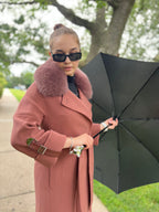 Genuine Polar Fox Leather Buckle Cashmere Wool Coat